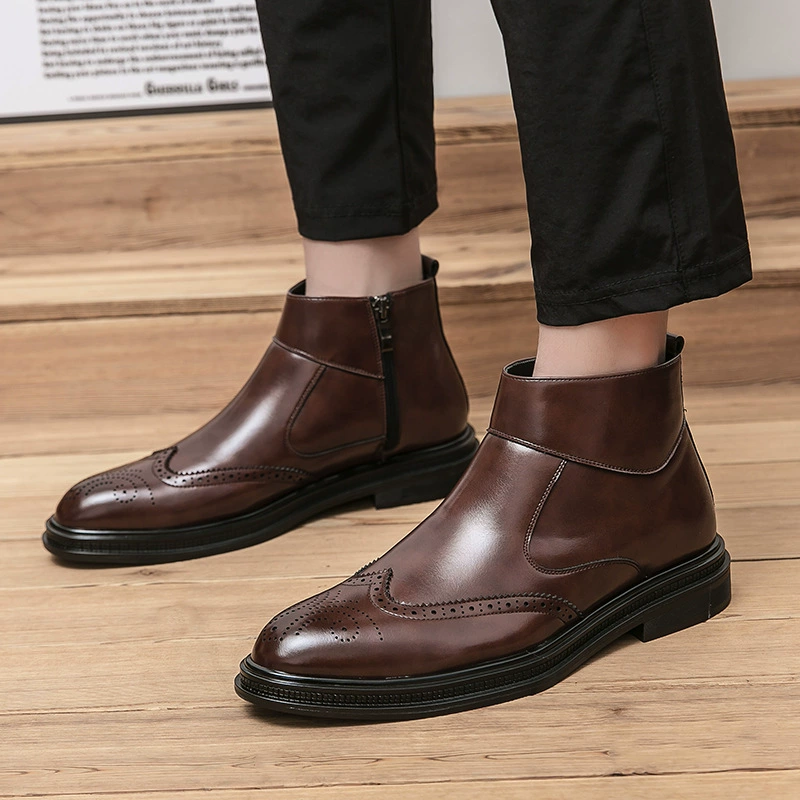 Осенне-зимние мужские ботинки в британском ретро-стиле, модные броги в корейском стиле, высокие, с острым носком, увеличивающие рост, повседневные кожаные туфли.