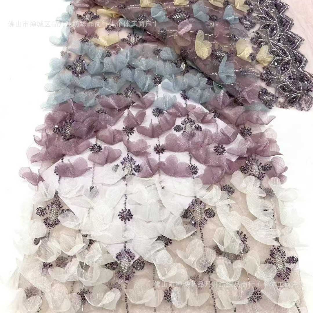 Flor de encaje vestido de boda tela de cola de tela de malla sequin bordado falda de tela de bordado de tubo de perlas de alta fijación