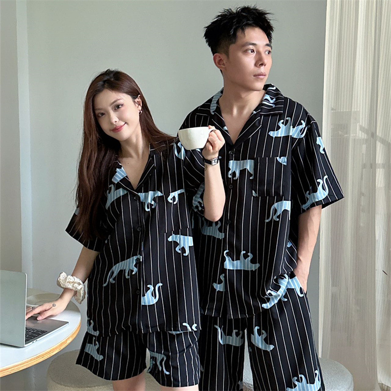 Summer Pajamas, Skin-Friendly Cotton Couple Short-Sleeved Cute Cartoon Striped Cheetah Simple Casual Men's and Women's Home Wear Sets