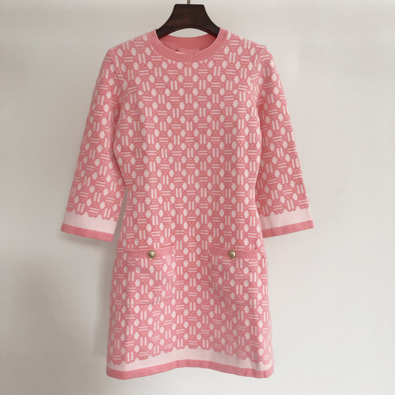 Spring and Summer Sweet and Youthful Clover Jacquard Mid-Sleeve Round-Neck Three-Quarter Sleeve Knit Dress
