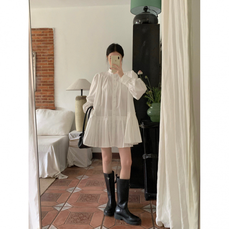 Sweet sweetheart ~ design irregular retro long sleeve shirt dress Korean A stitching pleated skirt women's tide