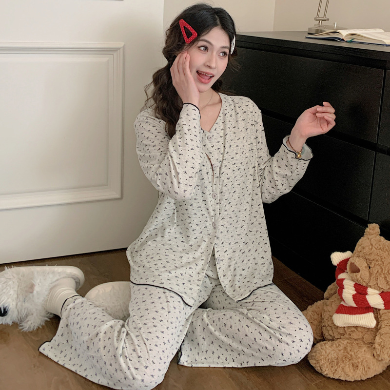 Maternity Pajamas with Breast Pads, Cardigan, Long-Sleeved Summer Thin Modal Cotton Ribbed Postpartum Nursing Home Wear Set