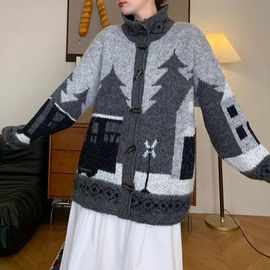 秋冬新款大版房子图针织提花毛衣女外套文艺复古风牛角扣宽松开衫
