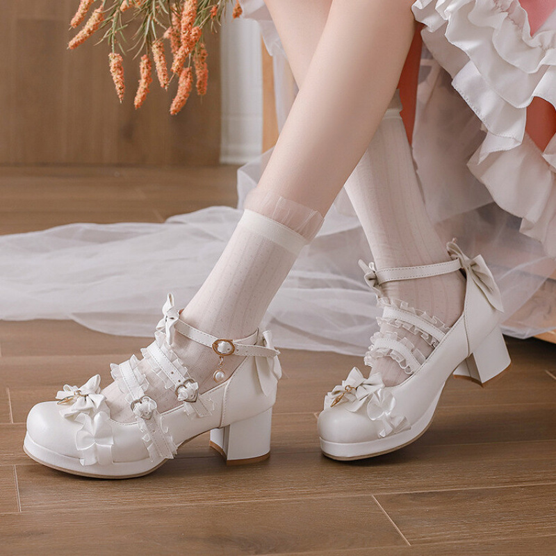 White Single Shoes Women's plus size 40-48 Waterproof Platform lo Lolita High Heel Bow Princess Shoes Foreign Trade