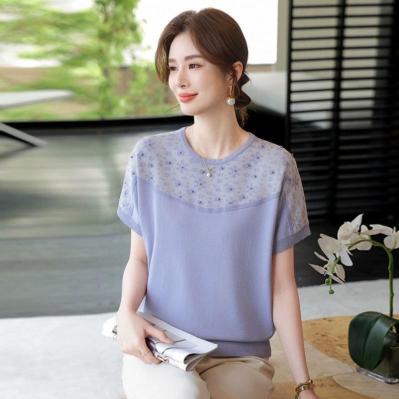Модная мама лето новый тонкий топ свободный трикотажный круглый воротник футболка среднего и пожилого возраста леди дикая шелковая рубашка