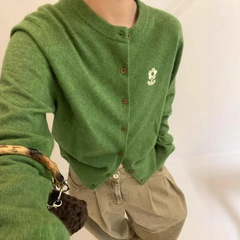 绿色花朵刺绣圆领针织开衫秋冬韩版宽松软糯减龄少女风外套毛衣女