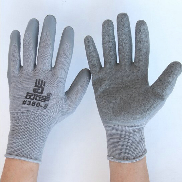 左右手380-5灰尼龙乳胶皱纹手套半挂胶劳保手套耐磨防滑工地手套