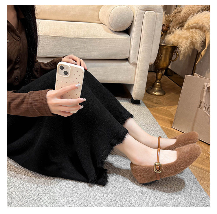 Giày Mary Jane nữ kiểu ballet một dây, gót vừa 3–6 cm, mũi tròn, tăng chiều cao, phủ nhung — Màu nâu đậm, Màu trà sữa, Màu trắng sữa chi tiết 27