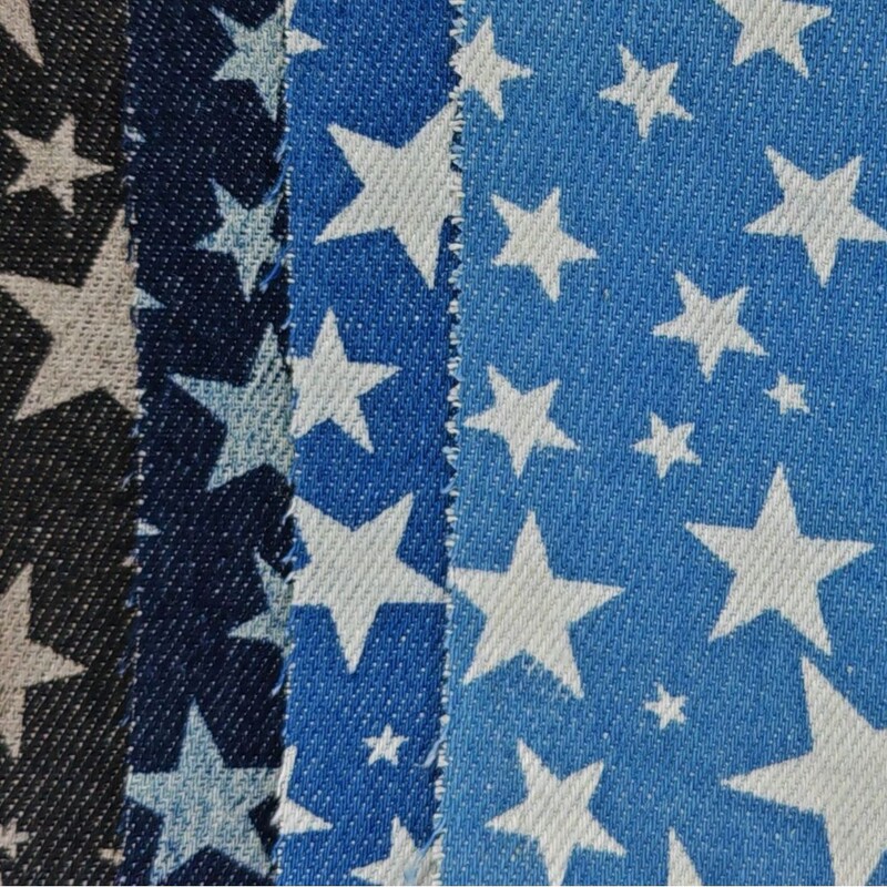 Star-patterned, colorful printed denim fabric, 10-count denim, fabric for jackets and bags, in stock, direct from the manufacturer Star-patterned, colorful printed denim fabric, 10-count denim, fabric for jackets and bags, in stock, direct from the manufacturer