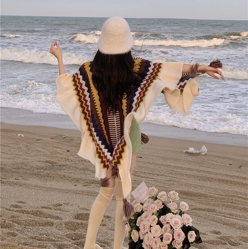 Этническое плащ-пальто, шерстяной knitted плащ, подвеска ручной работы с кисточками для путешествий
