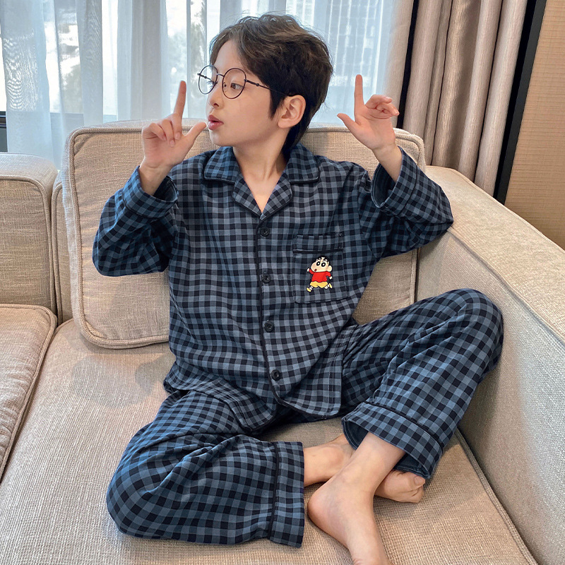 Children's Pajamas Boys Spring and Autumn Pure Cotton Lapel Thin Long Sleeve Suit Boys Medium and Large Children Cartoon Home Clothes