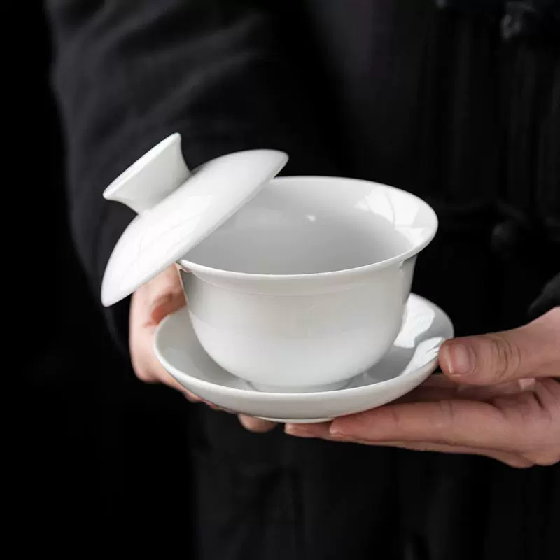 德化高白瓷中式高档三才盖碗可悬停家用茶室茶杯单个泡茶碗logo