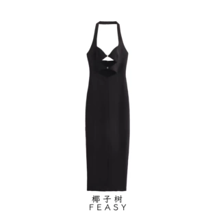 亚马逊跨境外贸欧美女装2024夏季新款搭扣饰开口设计挂脖领连衣裙
