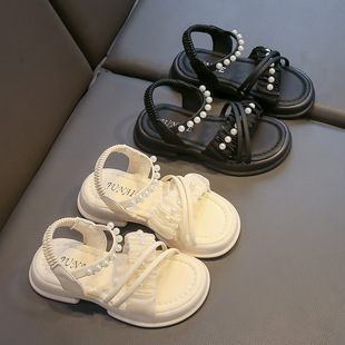 Girls Sandals Pearl Style Princess Shoes 2025 Summer New Girls Soft Sole Beach Shoes Open Toe Children's Sandals