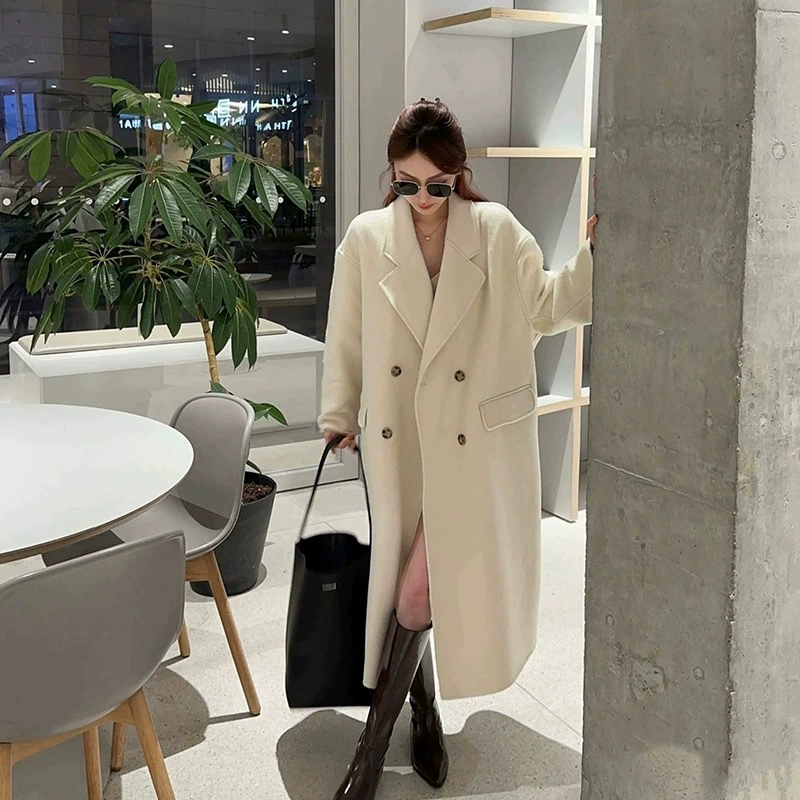 [Sea salt Rose] длинное шерстяное пригородное пальто, двубортное, простое высококачественное шерстяное пальто для женщин