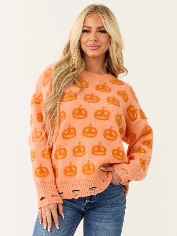 2025 アマゾンセーター女性ハロウィンヨーロッパとアメリカの秋と冬の新しいジャカードラウンドネックプルオーバー女性の長袖セーター|undefined