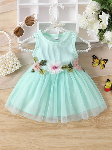 INS Baby and Toddler Girls Summer Sleeveless Waist Embellished with Flowers and Mesh Sweet Dress Trendy