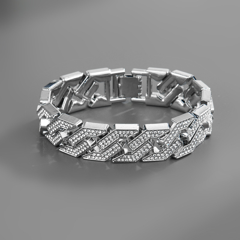 European and American Thick Chain Hip-Hop Bracelet with Diamonds Wide Version Flash Diamond Trendy Cool Disco Fashion Stylish Exaggerated Men's Bracelet