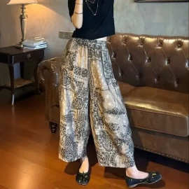 今年流行超火复古印花阔腿裤女大码胖妹妹宽松显瘦慵懒休闲弯刀裤
