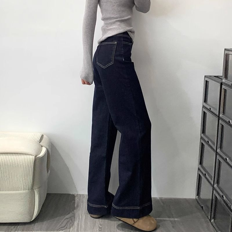 深蓝色丹宁微喇牛仔裤女2025春秋冬新款小个子高腰显瘦马蹄喇叭裤|undefined