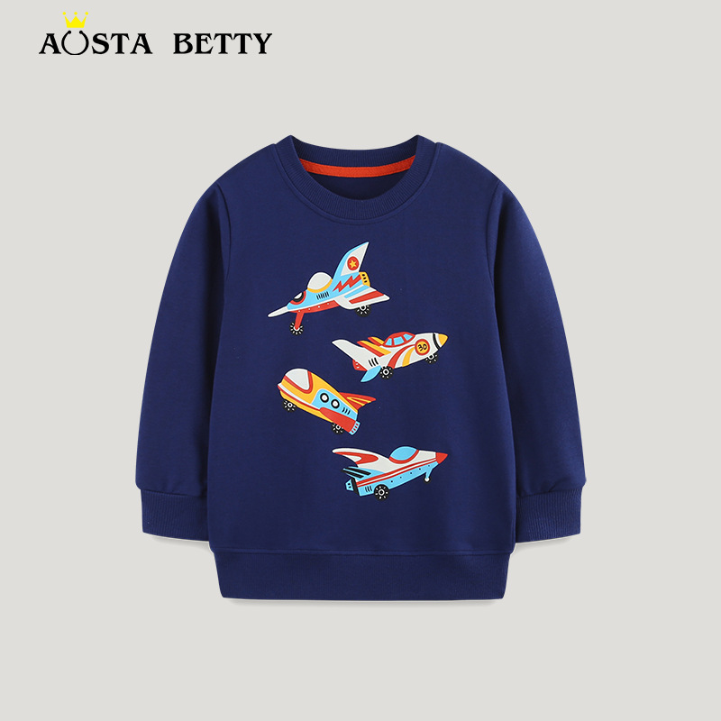 Fashionable boys' sweatshirt, new autumn arrival, European and American style long-sleeved children's sweatshirt, cartoon airplane print children's pullover top.