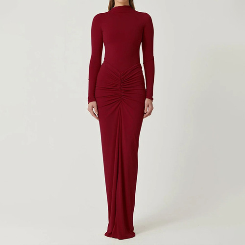 Cross-border 2025 Spring New European and American Women's Fashion Elegant Pure Color Slim Fit Pleated Mermaid Dress 661