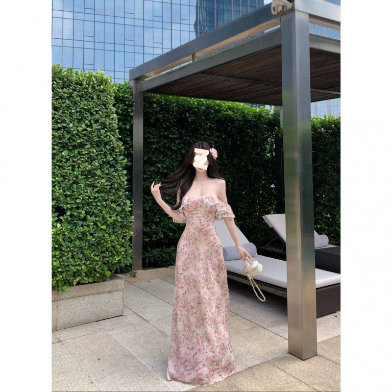 法式茶歇裙木耳边露背收腰碎花连衣裙女夏季温柔风修身一字肩长裙|undefined