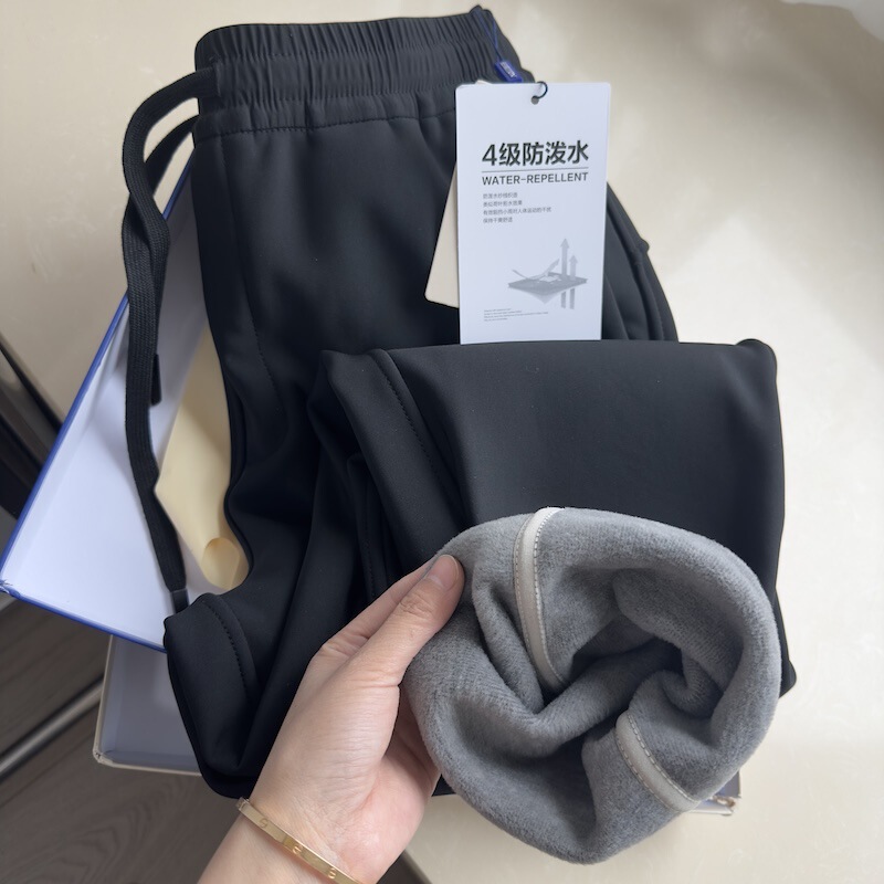 Seamless Details Autumn and Winter Warm Fleece Elastic Waist Knee Pads Thick Straight Casual Pants Softshell Pants Men