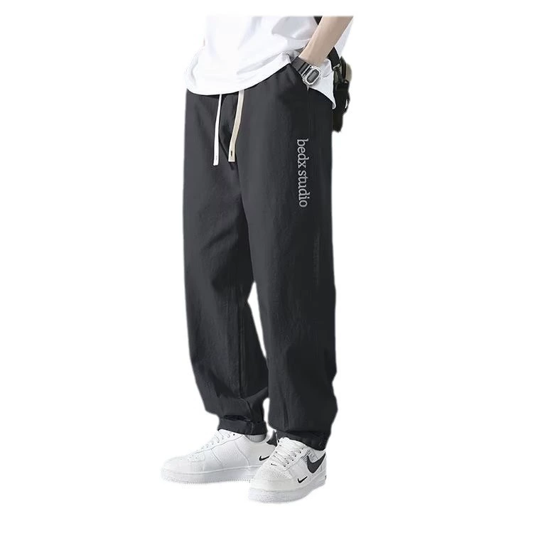 Japanese khaki autumn demi-season casual trousers for leisure, loose straight fit, American style, with embroidery