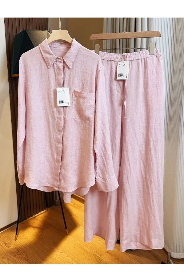 Women's Cotton Linen Shirt Set Korean Style Lightweight Loose Sun Protective Top And Wide Leg Pants Two Piece Fashionable Youthful Clothing_ecoleips.com