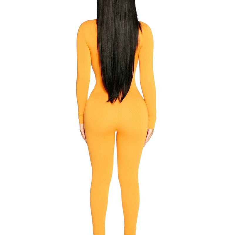 Semi-turtleneck tight long-sleeved hollow solid color jumpsuit NSFD117950