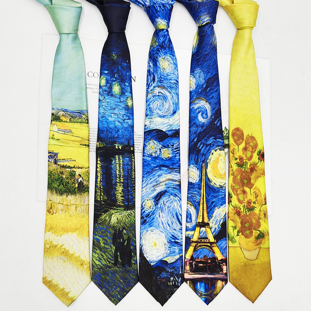Van Gogh Pintura al óleo Hombre Impresión de seda de poliéster Corbata retro Fabricante Spot Moda Casual Corbata Mano 8cm