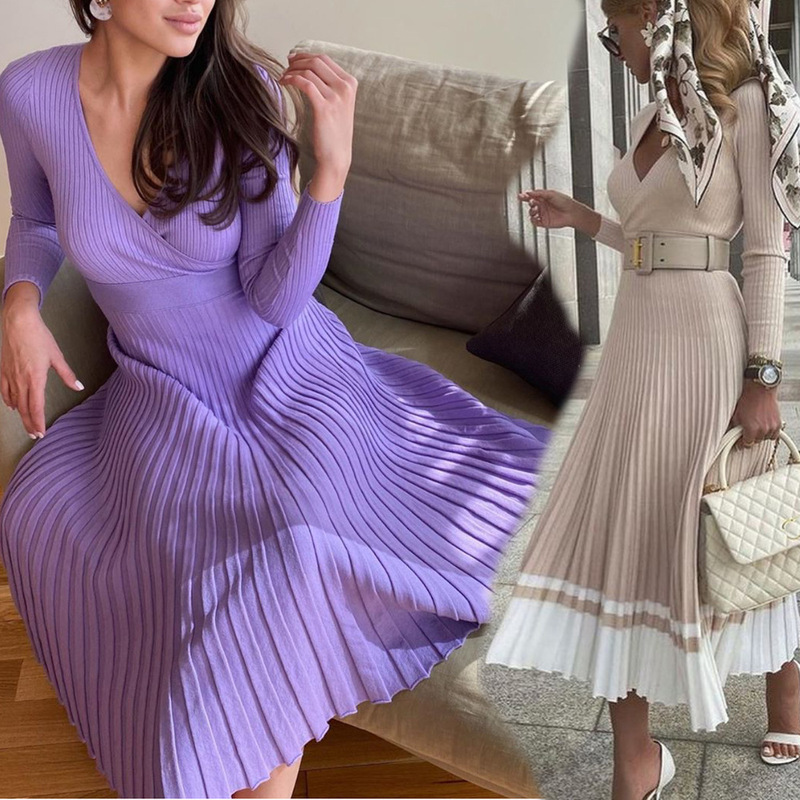 2026 Spring and Autumn European and American Elegant Women's Long-Sleeve V-Neck Wrap Chest Mid-Length Knitted Pleated Dress Base Dress 2026 Spring and Autumn European and American Elegant Women's Long-Sleeve V-Neck Wrap Chest Mid-Length Knitted Pleated Dress Base Dress