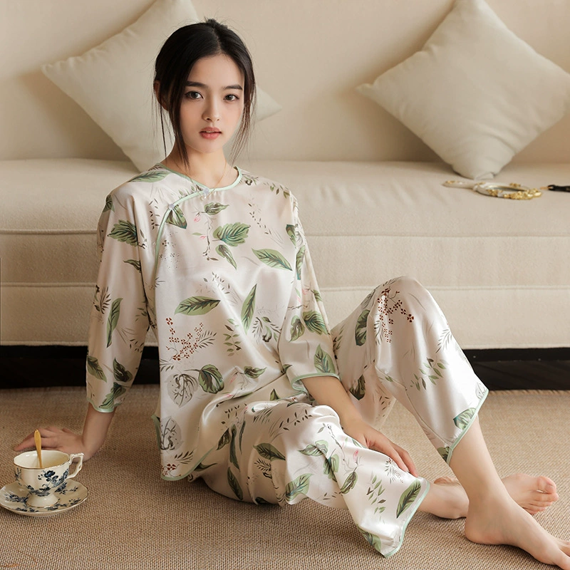 2023 пижама в китайском стиле в национальном стиле ледяной шелк с рукавом из девяти точек весна и осень с круглым вырезом новая национальная Мода ханьфу домашняя одежда для женщин
