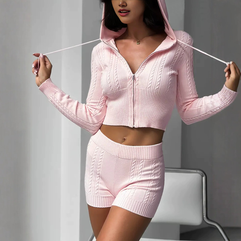 Cross-Border Hot-Selling Women's Loungewear Knit Set with Hooded Cardigan, Crop Top, and Relaxed Shorts Knitwear for Women