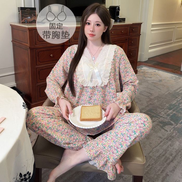 胖mm睡衣女春秋季薄款带胸垫云朵棉公主风碎花长袖套装大码家居服|undefined