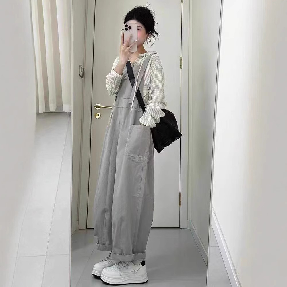 2025 New Style Korean Style Loose BF Style Casual Style High-grade Draped Gray Work Strap Wide-leg Pants