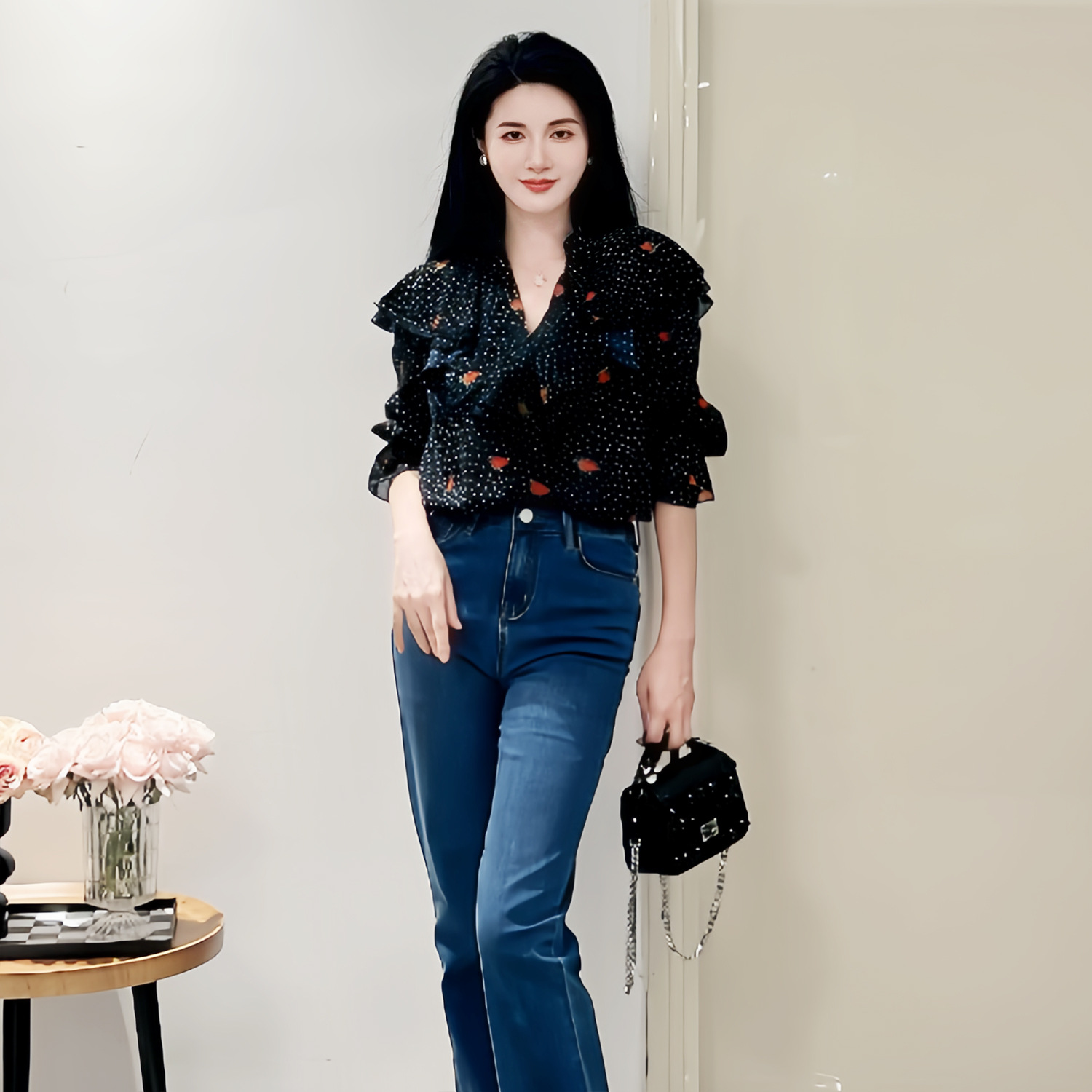 실제 촬영된 여름 신상 Liu Yifei Rose 같은 스타일의 캐주얼 러플 프린트 폴카 도트 셔츠