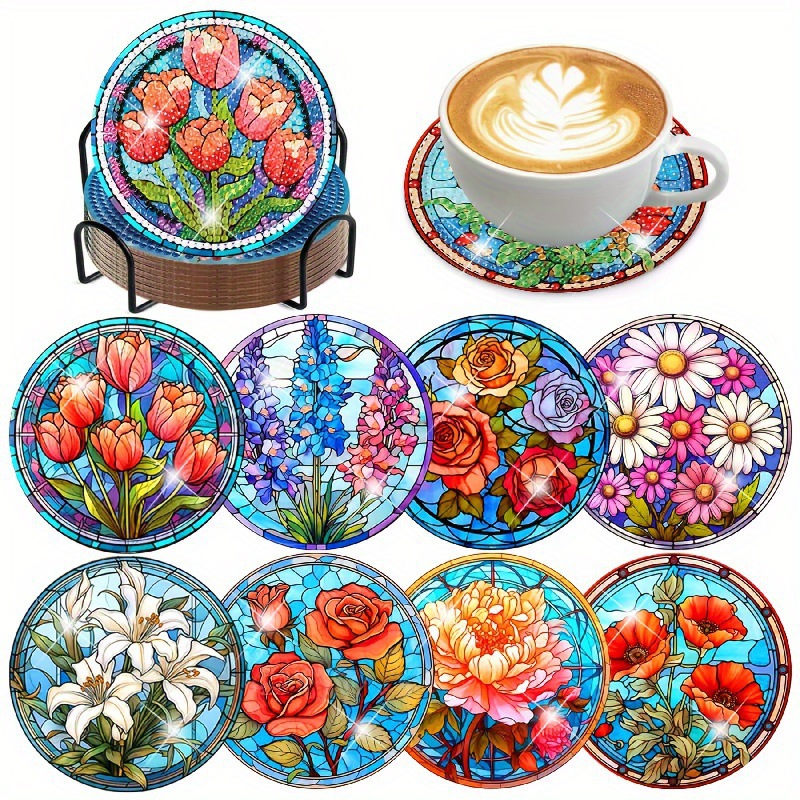 Ventas transfronterizas calientes de 8 piezas de conjunto de cojín de taza de arte de diamante, con soporte, pequeño conjunto de pintura de diamante, adecuado para adultos