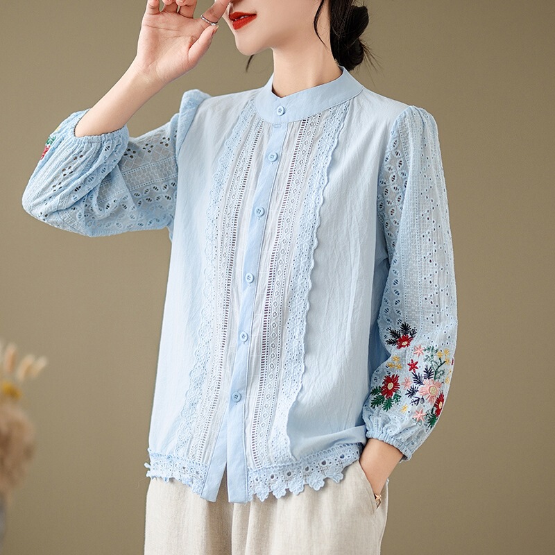 Original Literary and Artistic Fresh Lace Splicing Literary Short High-Waist Design College Style Shirt Women's Tops