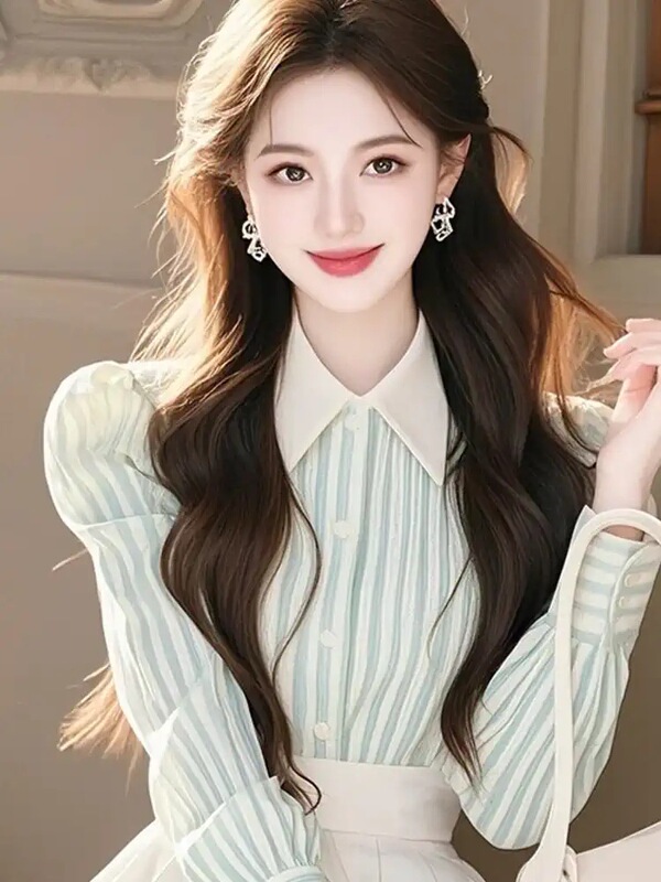 条纹长袖衬衫女宽松2025春季新款上衣通勤百搭休闲宽松显瘦衬衣女|undefined