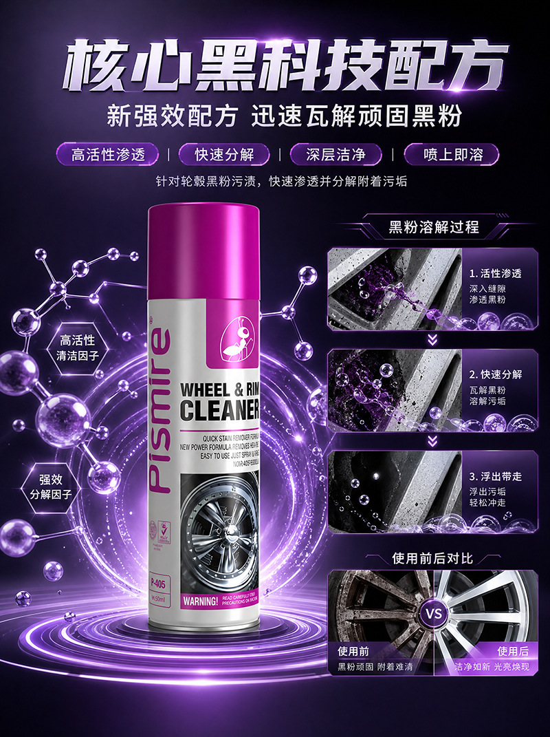Car wheel hub cleaner, car tire rim cleaner, powerful rim decontamination and grease removal maintenance agent