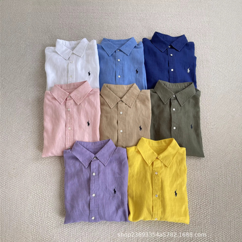 Y Factory Cut Label~Classic Ralph Rl High-End Linen Imported Rain-Dew Linen Small Horse Logo Embroidery Solid Color Loose Shirt