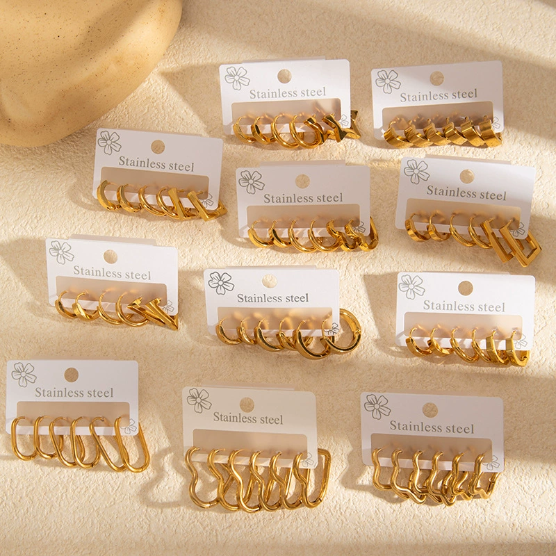 Корейские геометрические серьги, серьги с цветком из нержавеющей стали, модные серьги с сердечками и звездами, треугольные простые серьги-кольца, набор для женщин