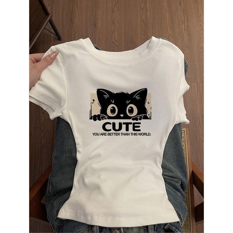 Summer solid color round neck short-sleeve T-shirt for women, fashionable design, slim fit, versatile, suitable for petite figures, trendy top Summer solid color round neck short-sleeve T-shirt for women, fashionable design, slim fit, versatile, suitable for petite figures, trendy top
