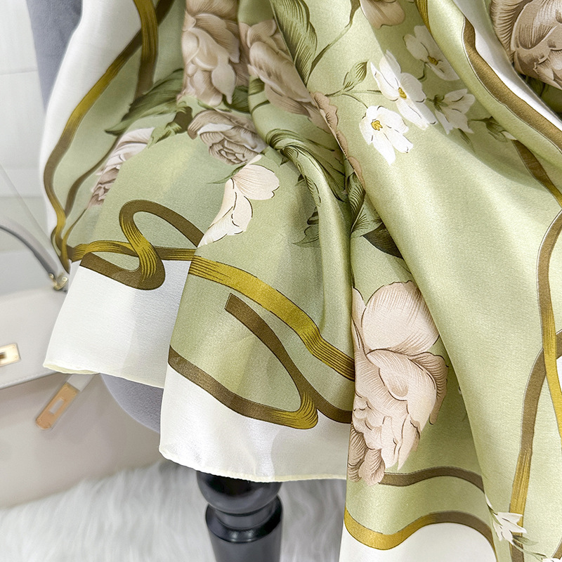 Bufanda de Satén con Estampado Floral Vintage de Poliéster Térmica Protección Solar para Verano