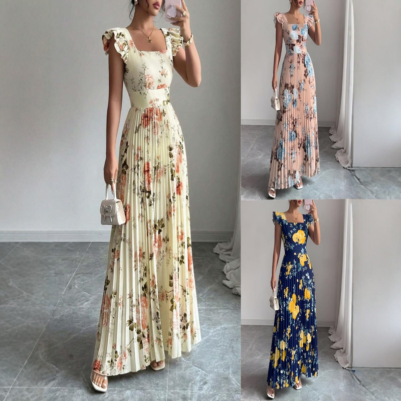 Women's Rose Print Flutter-Sleeve Pleated Dress, Casual Vacation Wear, Elegant Spring and Summer Clothing for Women Women's Rose Print Flutter-Sleeve Pleated Dress, Casual Vacation Wear, Elegant Spring and Summer Clothing for Women