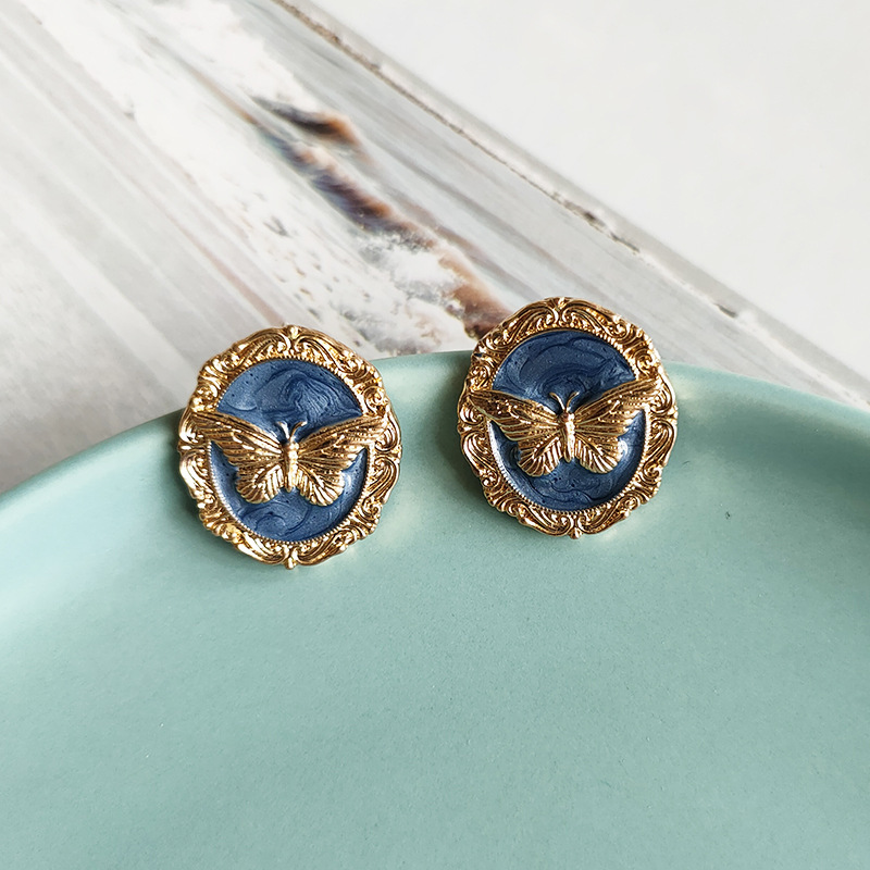 Oil Painting Butterfly French Retro Vintage Western Style Gray Drip Glaze Round Silver Needle Earrings Ear Clip B481