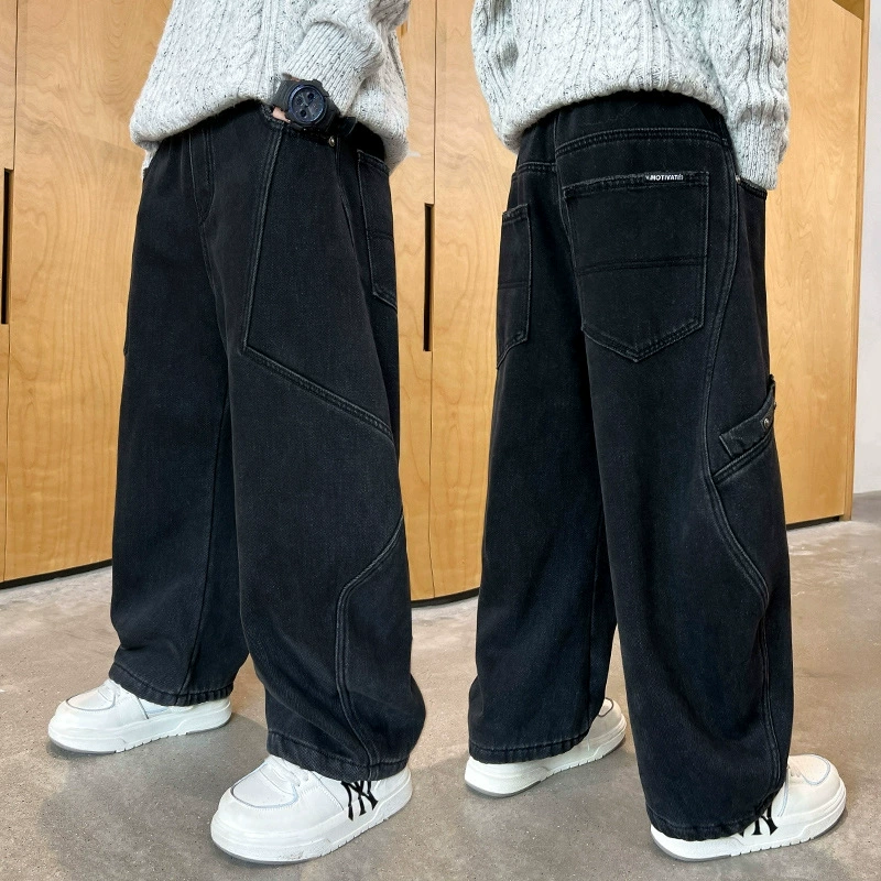 Брюки для мальчиков весна-осень 2025 новый стиль для старших мальчиков, детские стильные уличные прямые джинсовые длинные брюки.