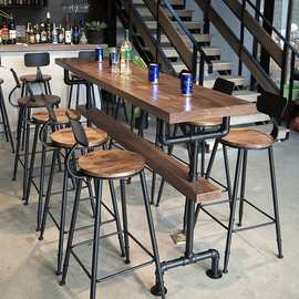 美式工业风复古水管实木吧台桌椅咖啡厅奶茶店餐厅酒吧铁艺高脚桌